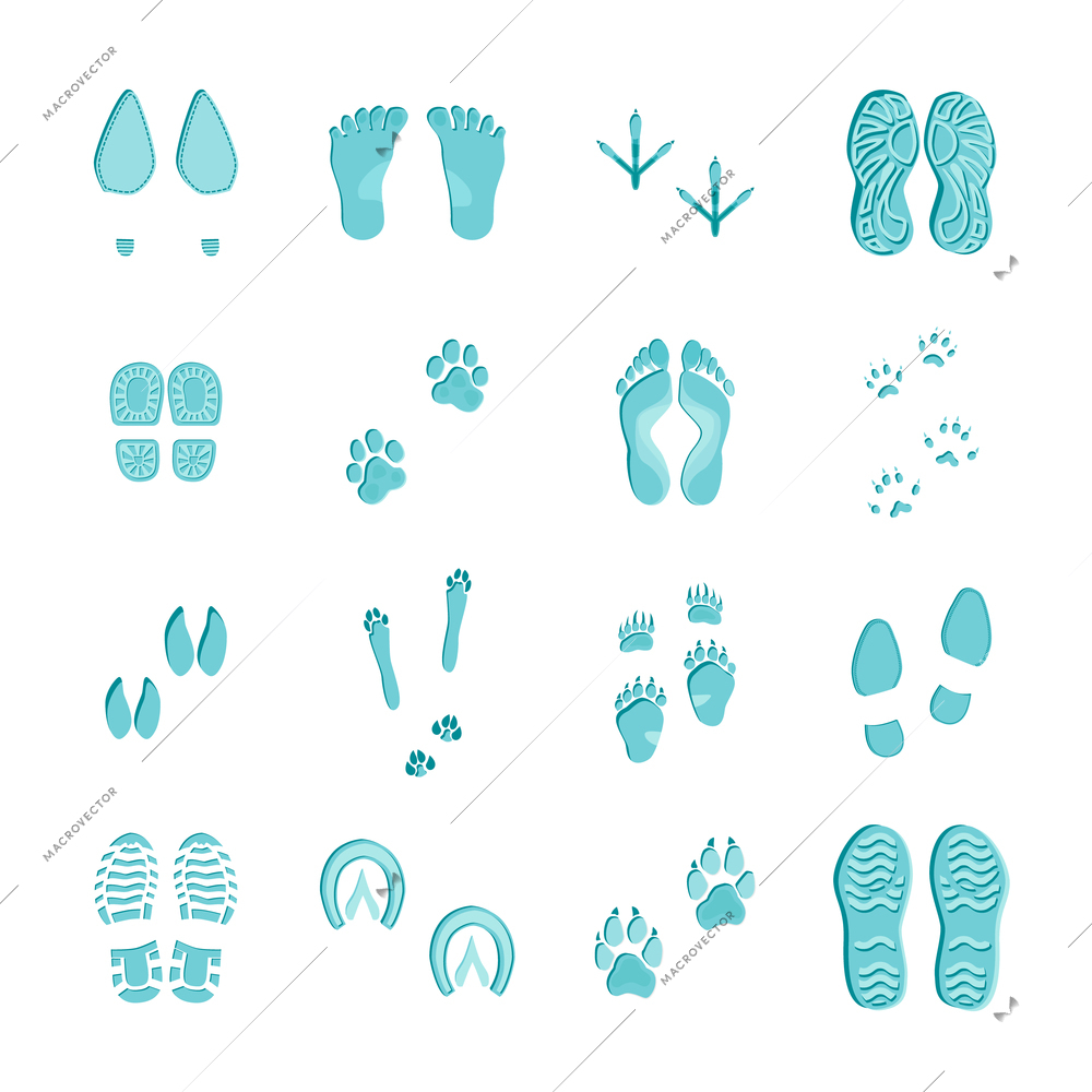 Ice blue color footprints on white background set with imprints of various footwear and paws vector illustration