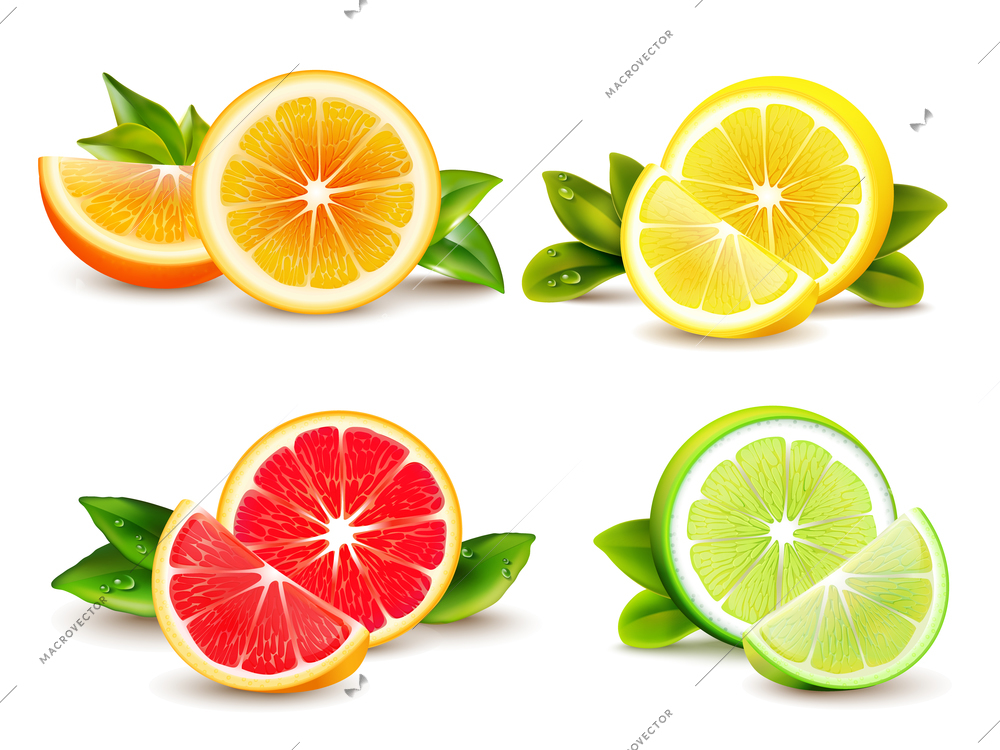 Citrus fruits halves and quarter wedges 4 realistic icons square with orange grapefruit lemon isolated vector illustration