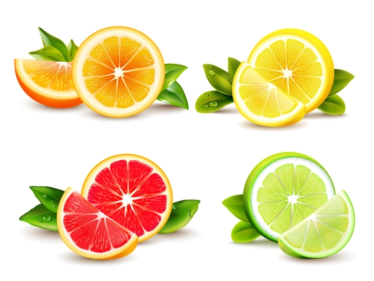 Citrus fruits halves and quarter wedges 4 realistic icons square with orange grapefruit lemon isolated vector illustration