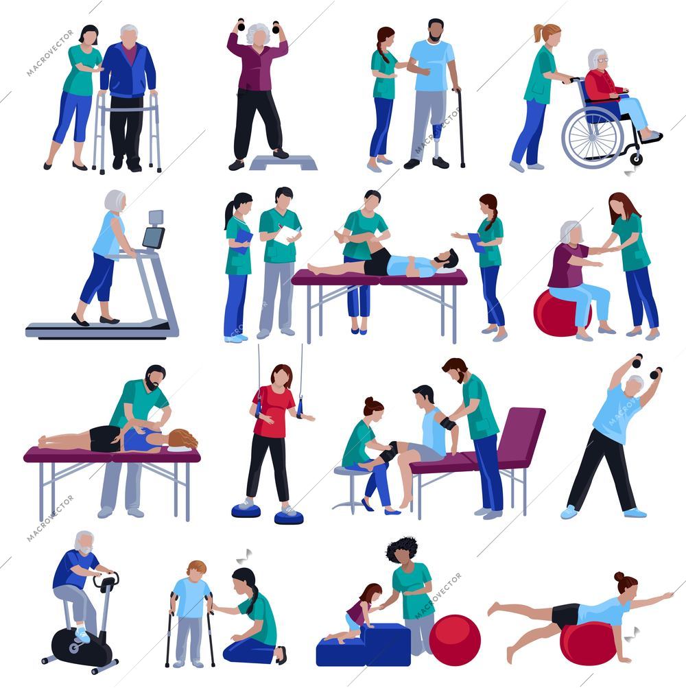 Physiotherapy rehabilitation sessions for people with cardiovascular geriatric and neurological disorders flat icons collection isolated vector illustration