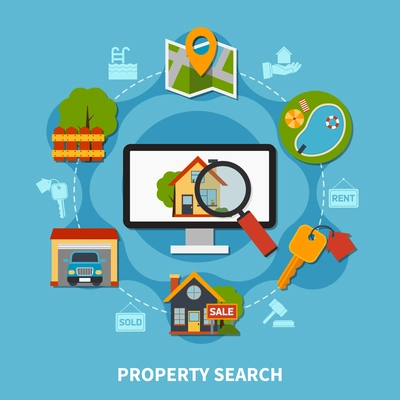 Flat design real estate concept with various property search and sale elements on blue background vector illustration