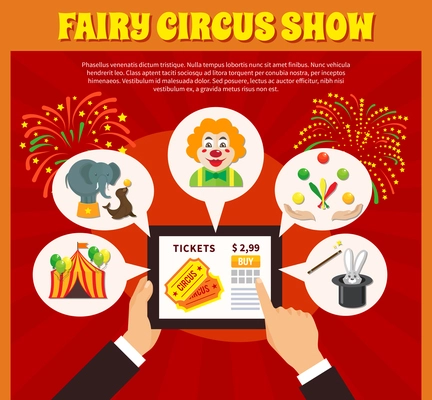 Circus website concept with tablet and entertainment symbols flat vector illustration