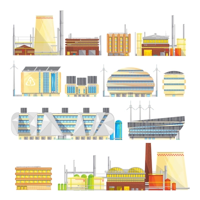 Eco friendly industrial facilities sustainable waste disposal with converting it into energy flat icons collection isolated vector illustration