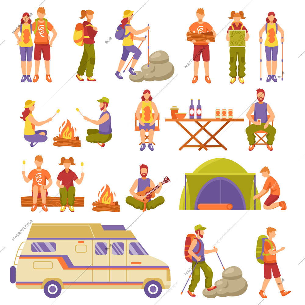 Outdoor summer travel icons set with young people resting camping hiking flat vector illustration