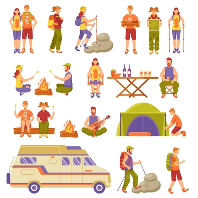 Outdoor summer travel icons set with young people resting camping hiking flat vector illustration