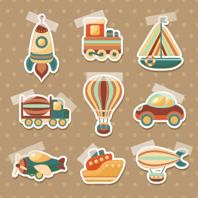 Toy transport colored cartoon stickers set with truck aerostat car isolated vector illustration