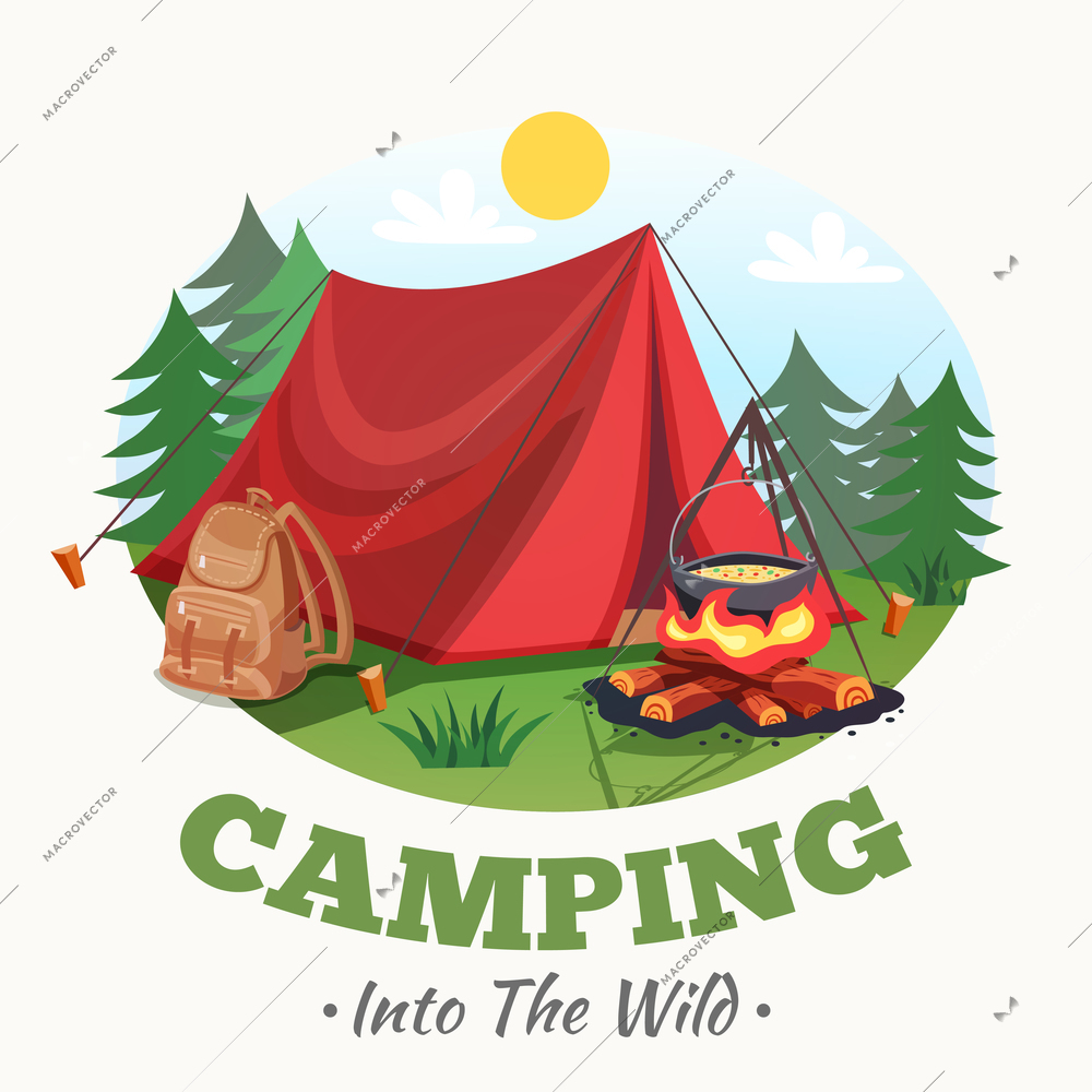 Camping illustration with summer forest cartoon style round composition with tent campfire backpack images and text vector illustration