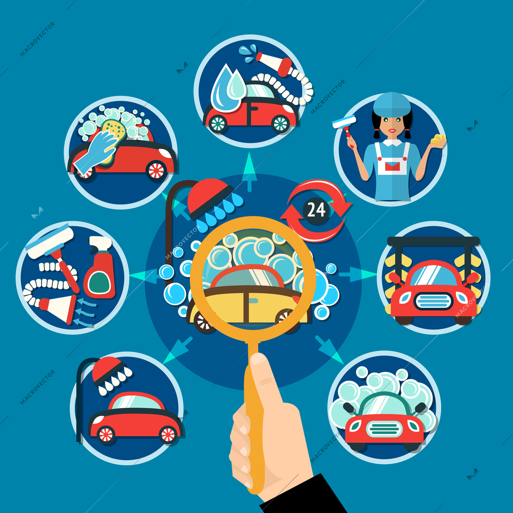 Car wash conceptual composition with hand lens magnifying round image of cartoon car in soap flakes vector illustration