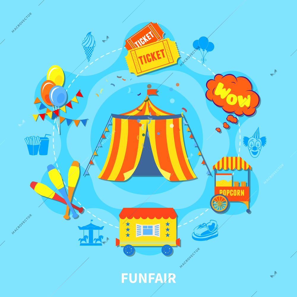 Circus potential layout with attractions and big top isolated vector illustration