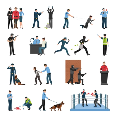 Police officers tact team training and field work flat icons collection with shooting to stop isolated vector illustration