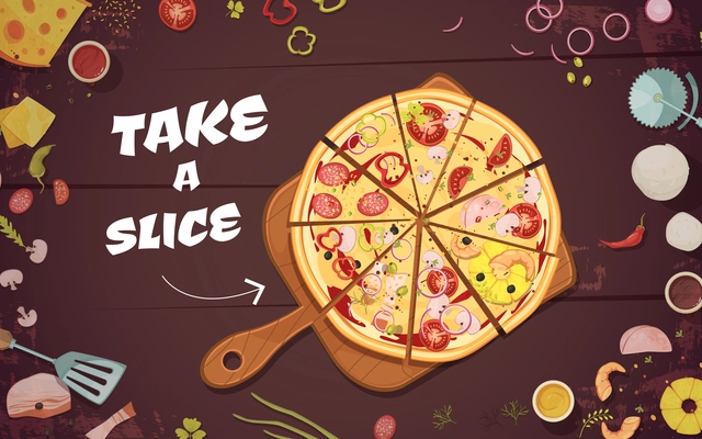 Advertising of pizza with slices on culinary board and ingredients on wood background cartoon vector illustration