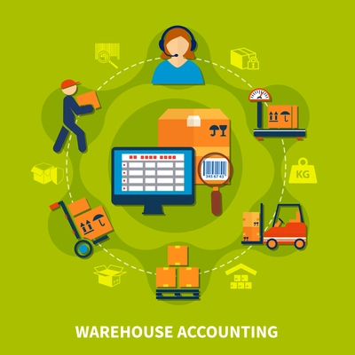 Colored circle dotted line logistic composition with warehouse accounting headline with steps to shipping vector illustration