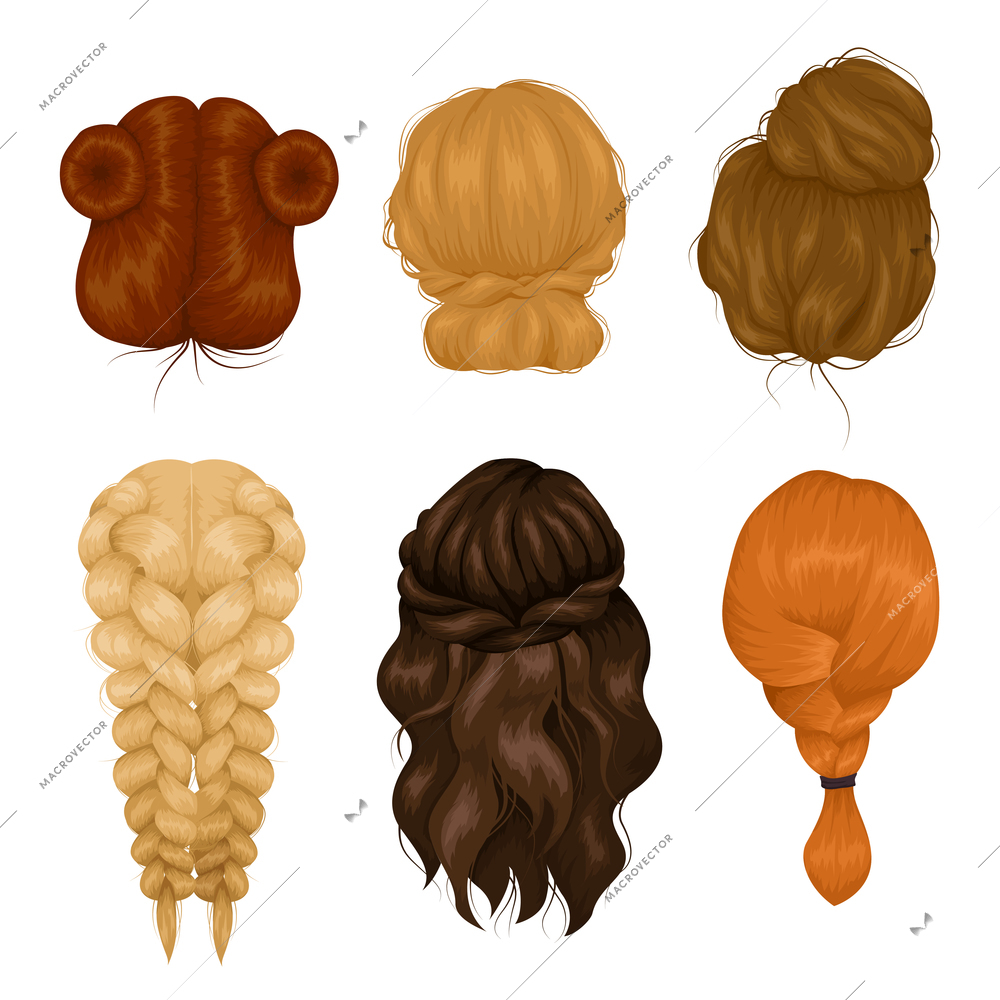 Female characters wigs 6 various hairstyle back view icons collection with casual hairdo and plait isolated vector illustration