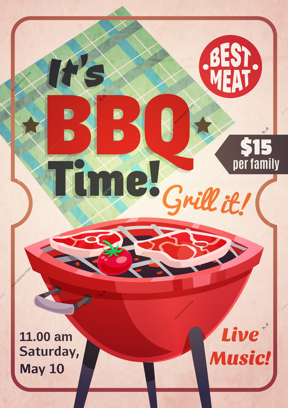 Bbq vertical poster with retro barbecue grill tomato and meat with decorative frame and editable text vector illustration