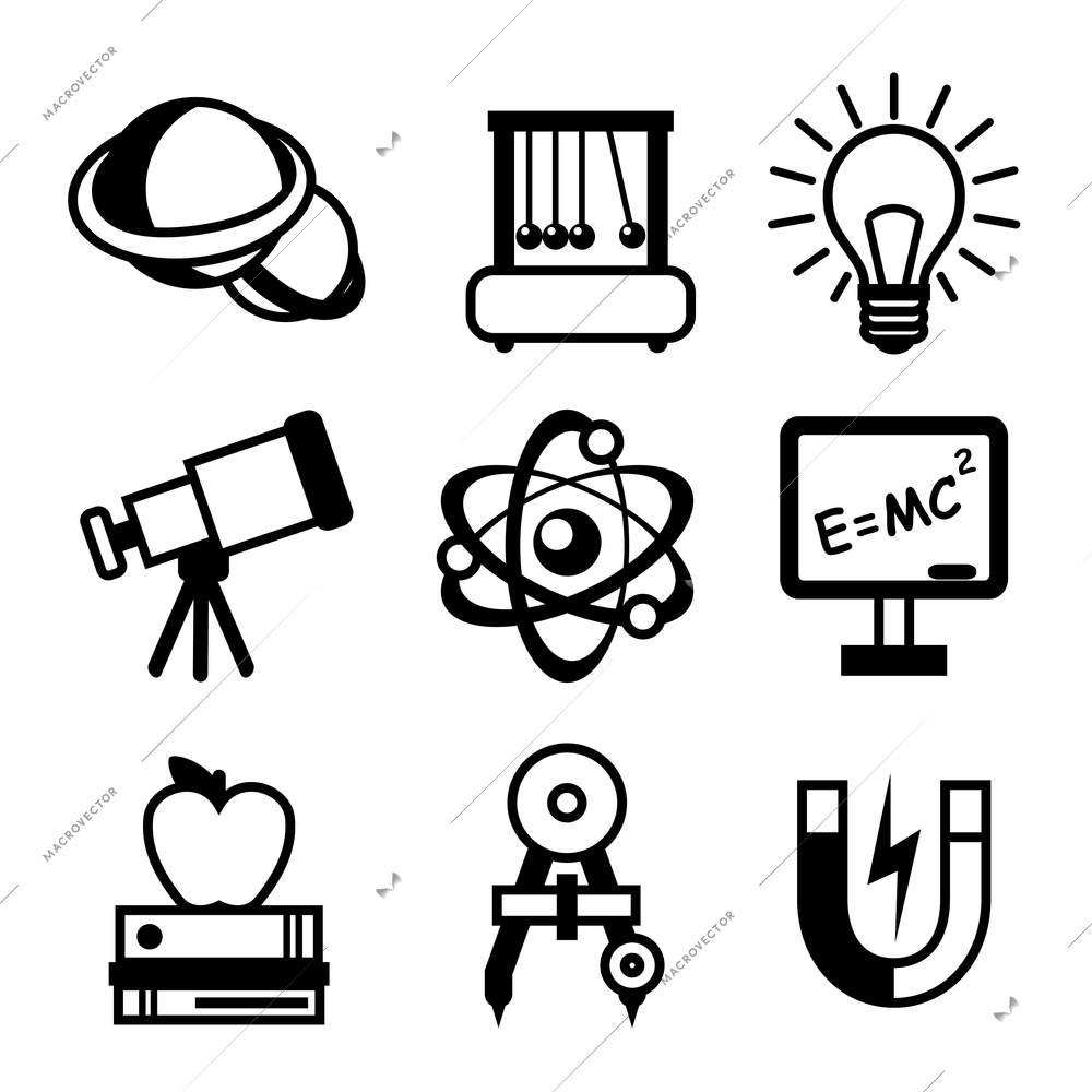 Physics science equipment teaching and studying black and white education icons set isolated vector illustration