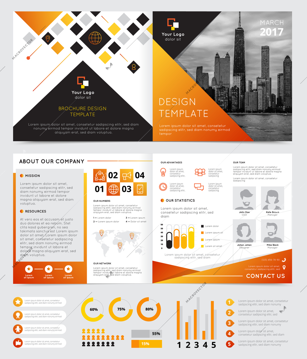 Company brochure design with progress symbols flat isolated vector illustration