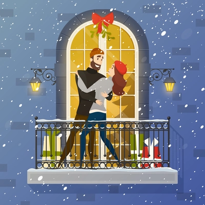 Romantic christmas night fairy tale balcony love scene with fir tree behind  oval muntin window vector illustration