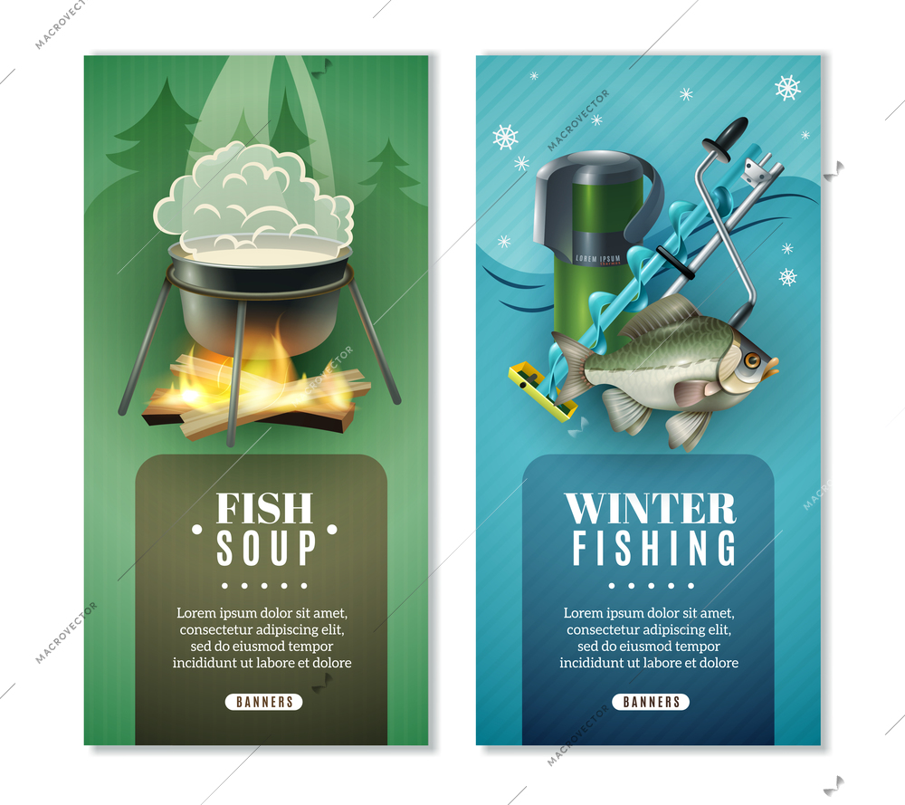 Winter fishing tips  tactics gear and soup recipes 2 vertical stylish background banners set isolated vector illustration