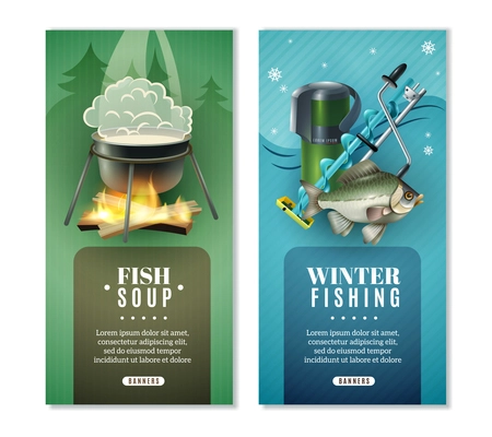 Winter fishing tips  tactics gear and soup recipes 2 vertical stylish background banners set isolated vector illustration