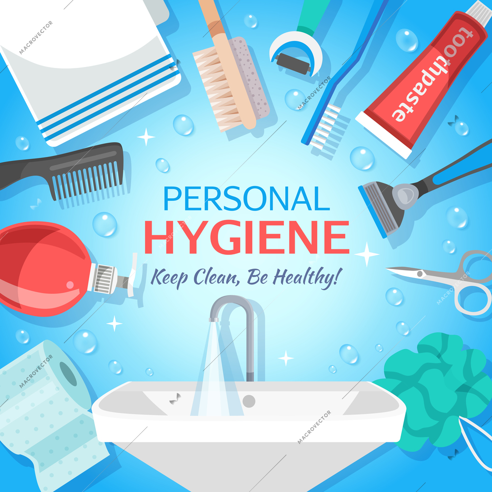 Square hygiene toiletry illustration colorful background with personal care items and hand washing container with text vector illustration