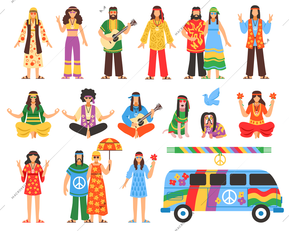 Hippie isolated decorative icons set with young people in ethnic clothes musician with guitar painted van and symbols of peace flat vector illustration