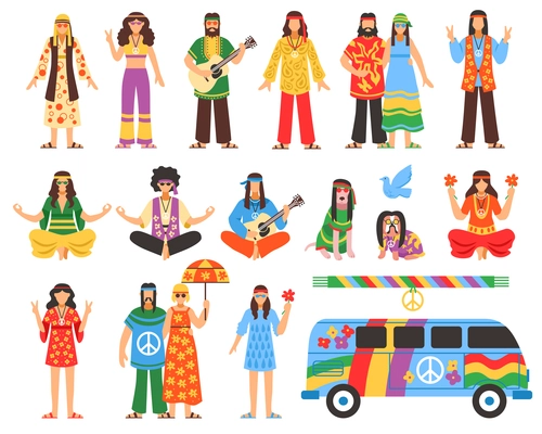 Hippie isolated decorative icons set with young people in ethnic clothes musician with guitar painted van and symbols of peace flat vector illustration