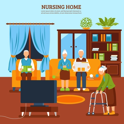 Old people home interior background with text and flat aged characters composition with household furniture houseplants vector illustration