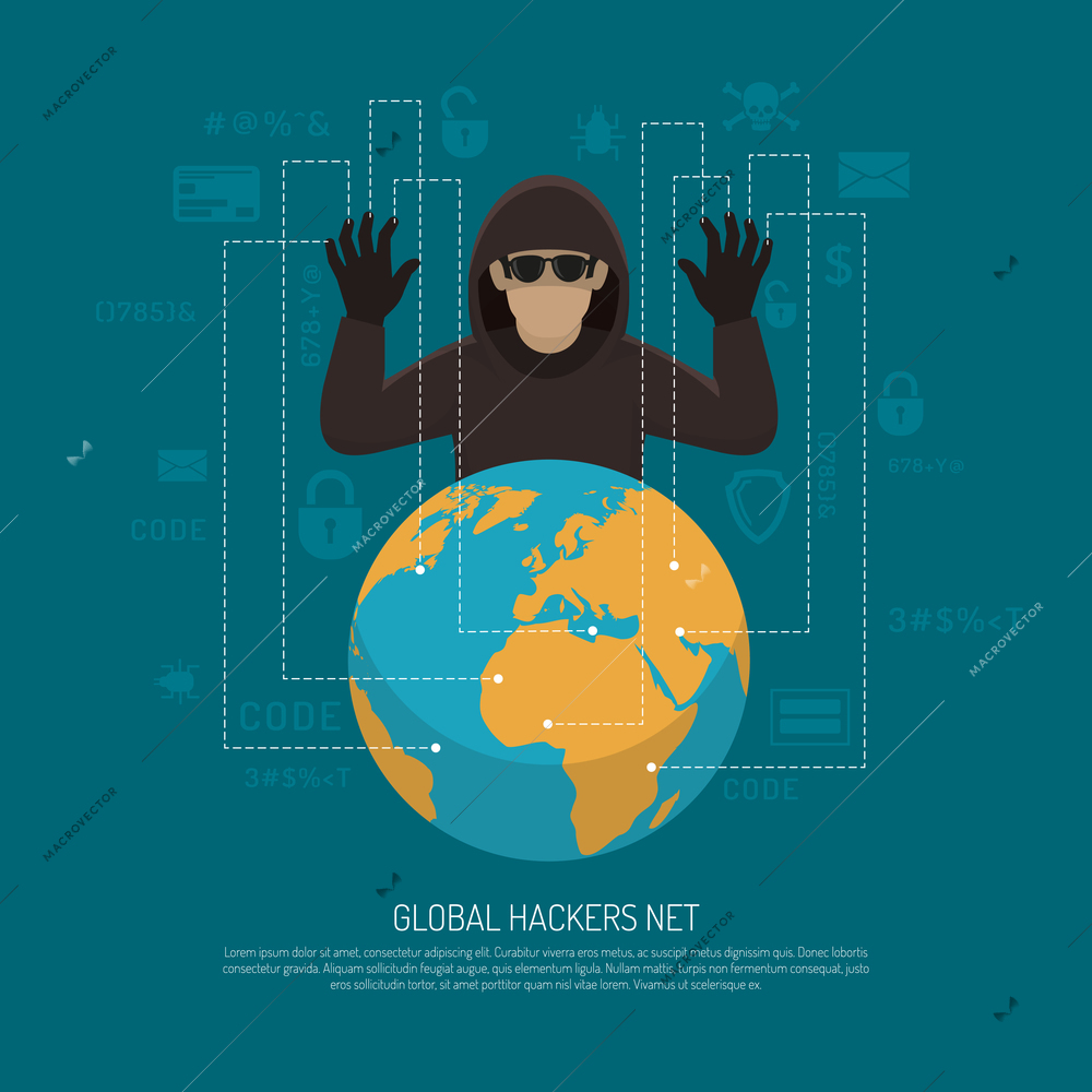 Hackers threat warning flat poster with black criminal man figure behind terrestrial globe.