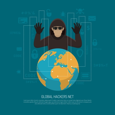 Hackers threat warning flat poster with black criminal man figure behind terrestrial globe.