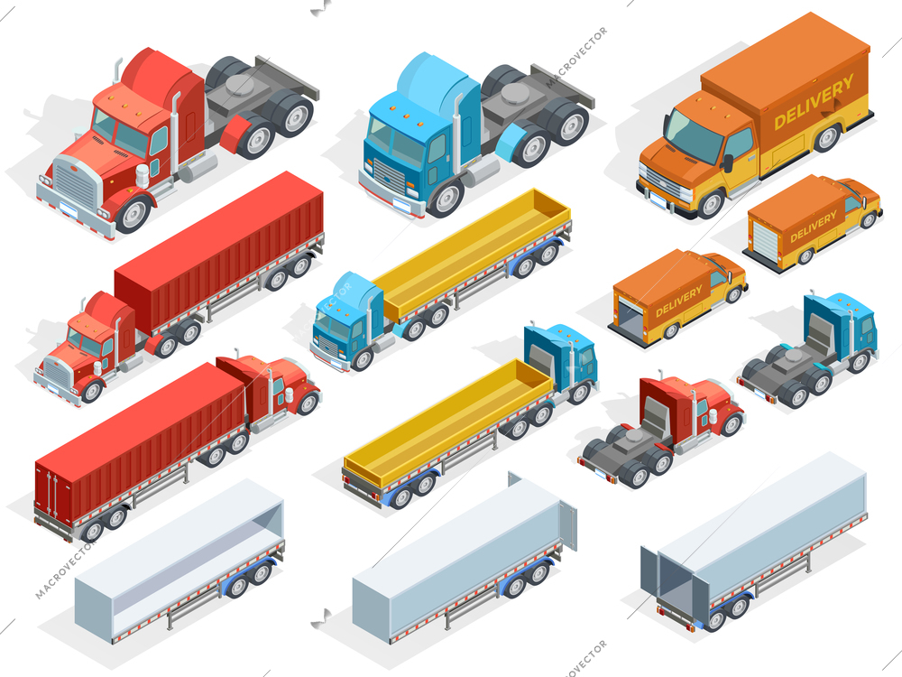 Vehicle isometric collection of colorful trucks with and without trailers isolated vector illustration