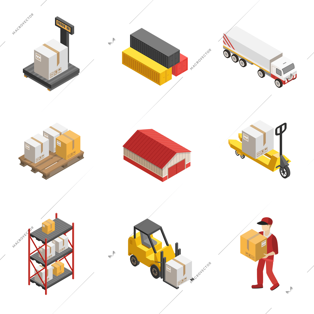 Stock logistics isometric icon set with loaders warehouses and vehicles for delivery of cargoes vector illustration