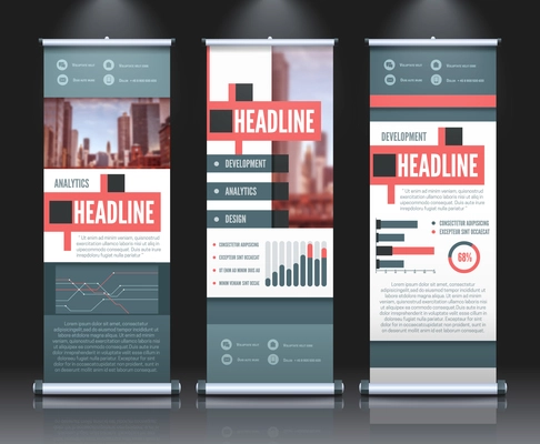 Rollup banners template set with three isolated vertical roll bending infographical stands with diagrams text captions vector illustration