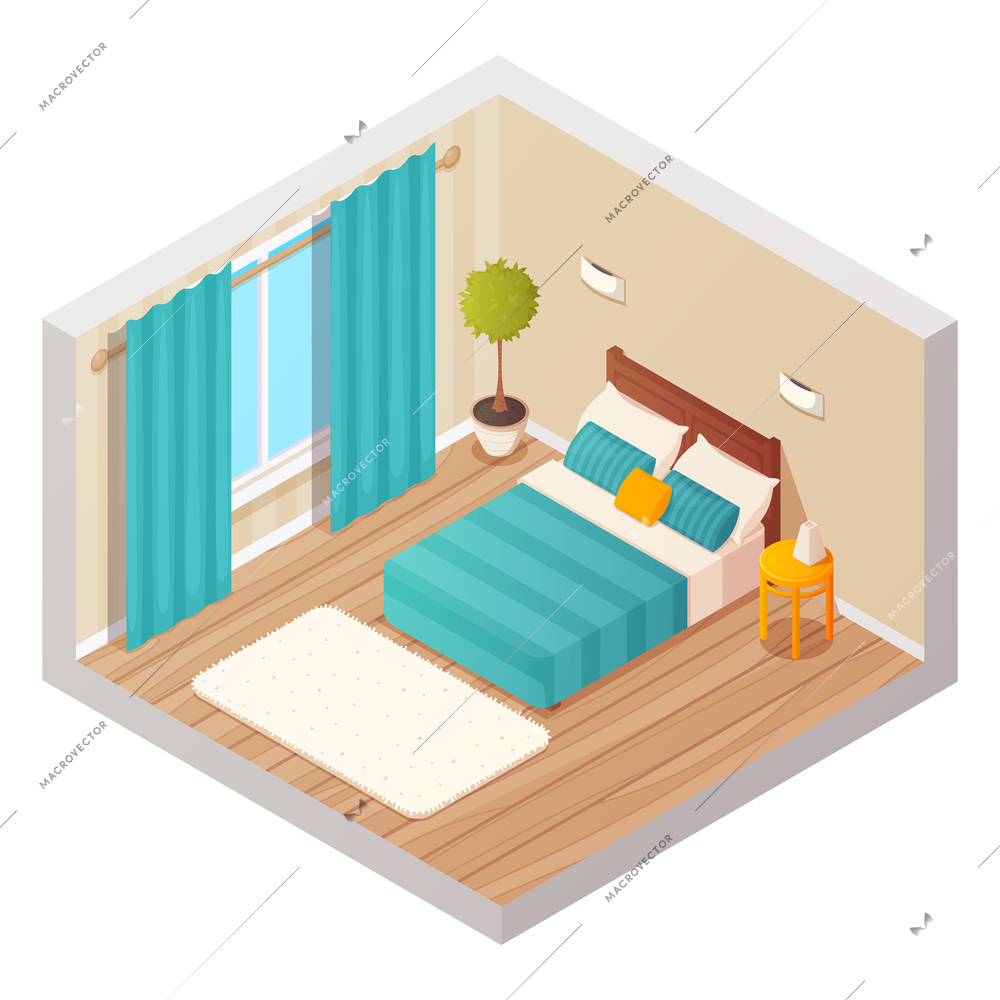 Isometric domestic bedroom interior design composition with cartoon style colorful decorations for home and hotel environment vector illustration