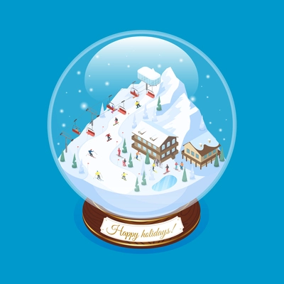 Ski resort snow globe souvenir with scaled down mountain village scenery with decorative piled houses ropeway vector illustration