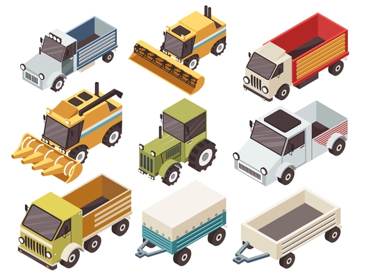 Farm vehicles isometric set with various type of trucks harvesters tractor and trailers isolated vector illustration