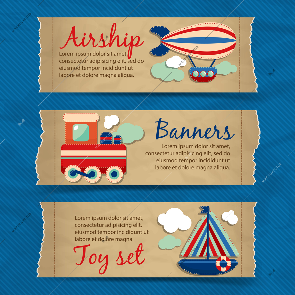 Toy transport torn paper cartoon travel banners set with train boat aerostat isolated vector illustration