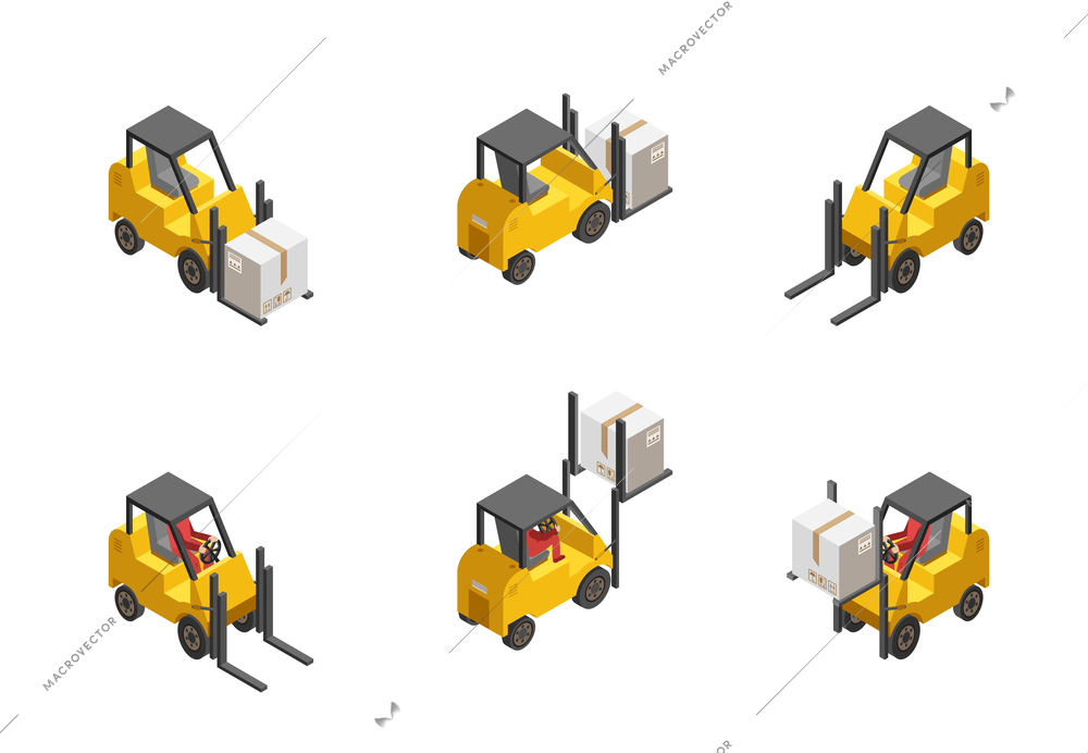 Yellow forklift truck with box set isolated on white background isometric vector illustration