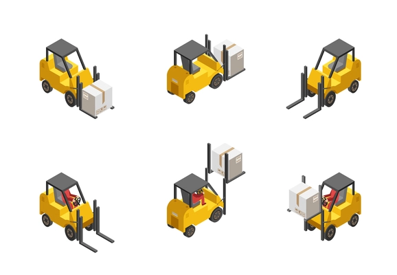 Yellow forklift truck with box set isolated on white background isometric vector illustration