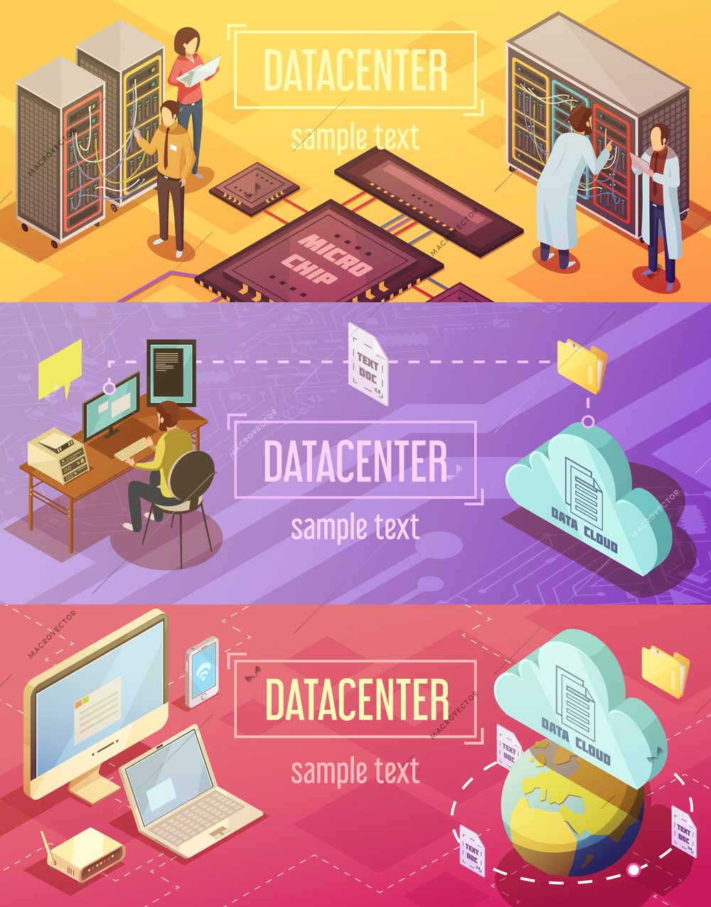 Set of isometric horizontal banners with  datacenter hosting server cloud storage and customer support isolated vector illustration