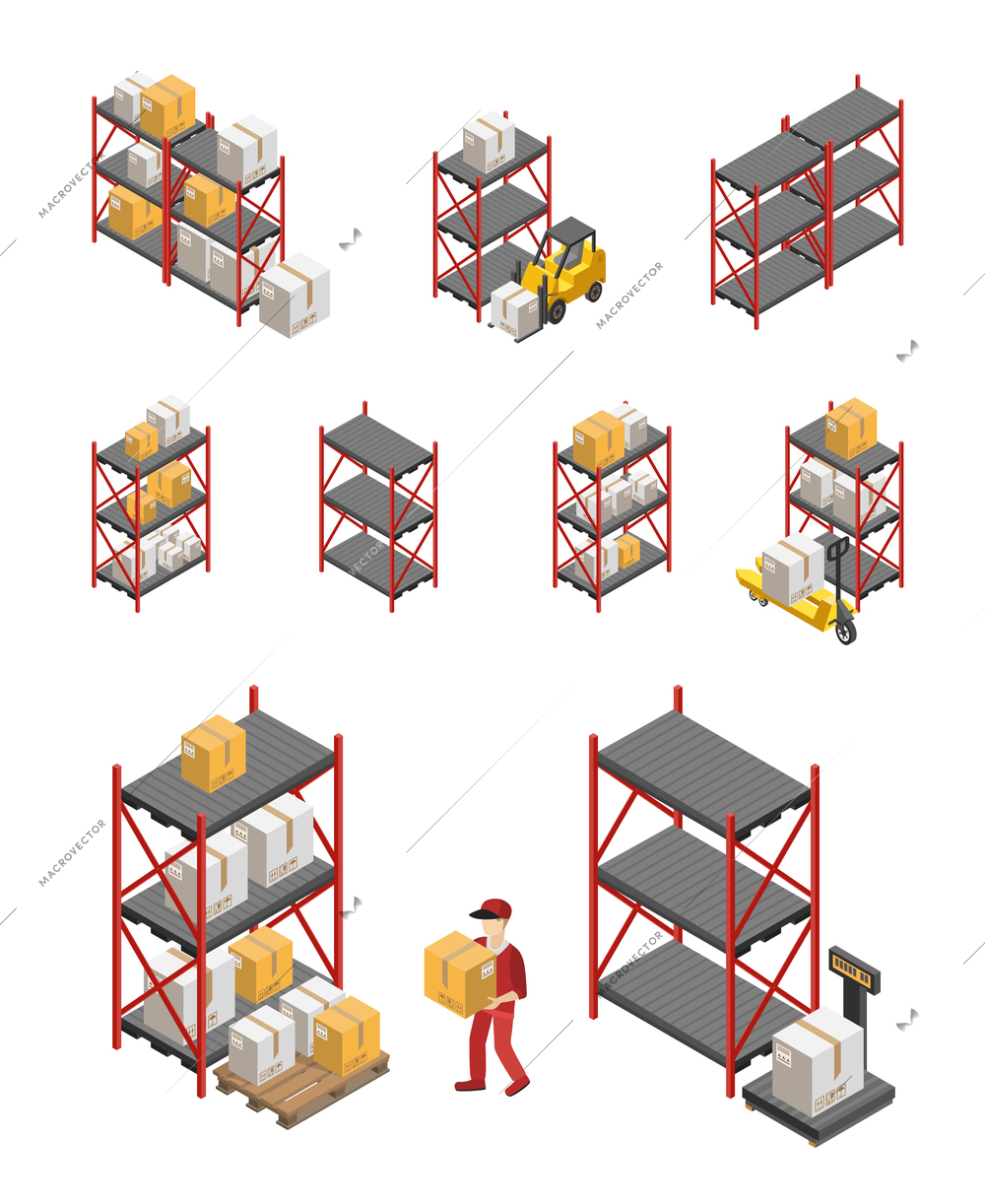 Isometric set of storage racks equipment and worker carrying box isolated vector illustration