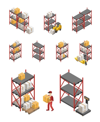 Isometric set of storage racks equipment and worker carrying box isolated vector illustration