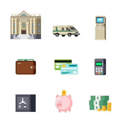 Set of banking orthogonal elements including building and transport savings and cash computer technologies isolated vector illustration