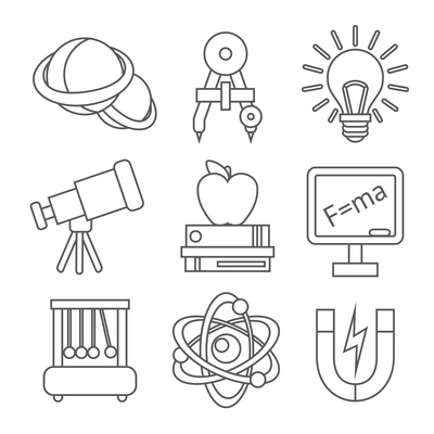 Physics science equipment school laboratory outline education icons set isolated vector illustration