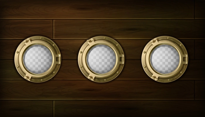 Ship golden  portholes cartoon set with wooden sides vector illustration