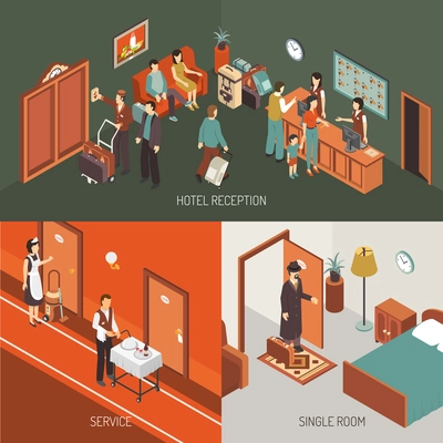Hotel concept isometric banner and icons combination with reception desk service and single room isolated vector illustration