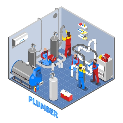 3d plumber people composition in isometric style in uniform work in the basement vector illustration