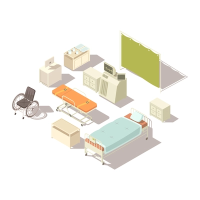 Isolated isometric elements of hospital interior with diagnostic equipment and furniture for patients flat vector illustration