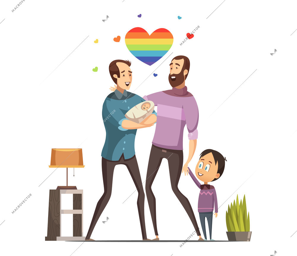 Happy loving same-sex gay couple with newborn baby and little son at home retro cartoon vector illustration