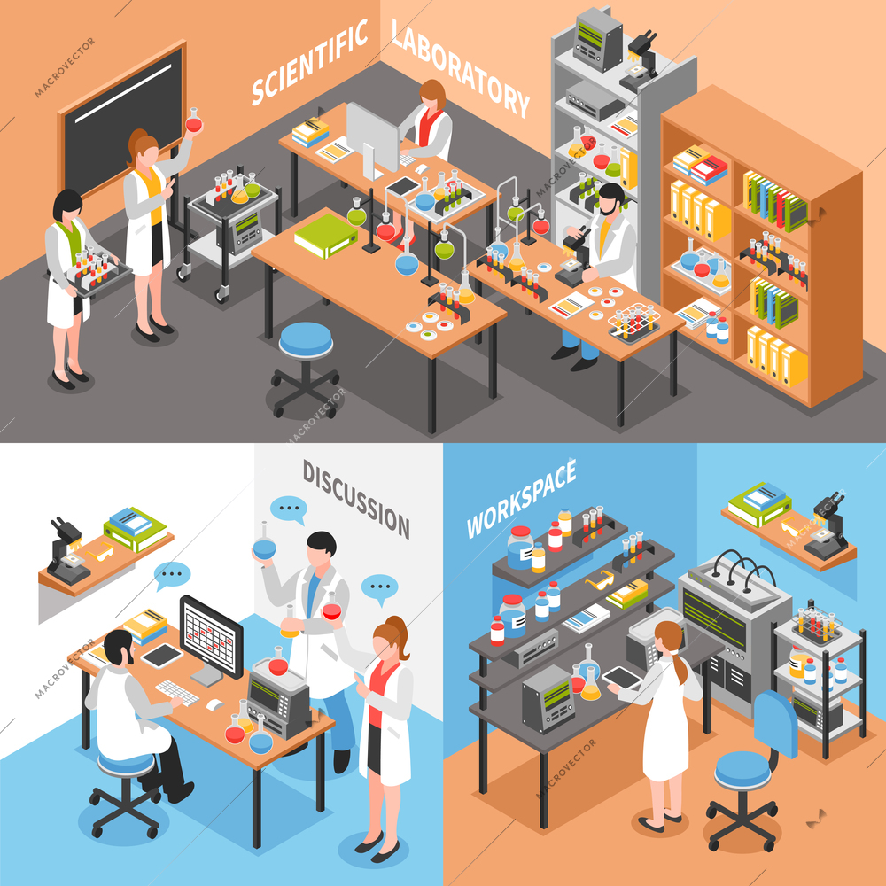 Scientists laboratory concept with three isometric compositions of lab environment workplaces employee characters discussion and collaboration vector illustration