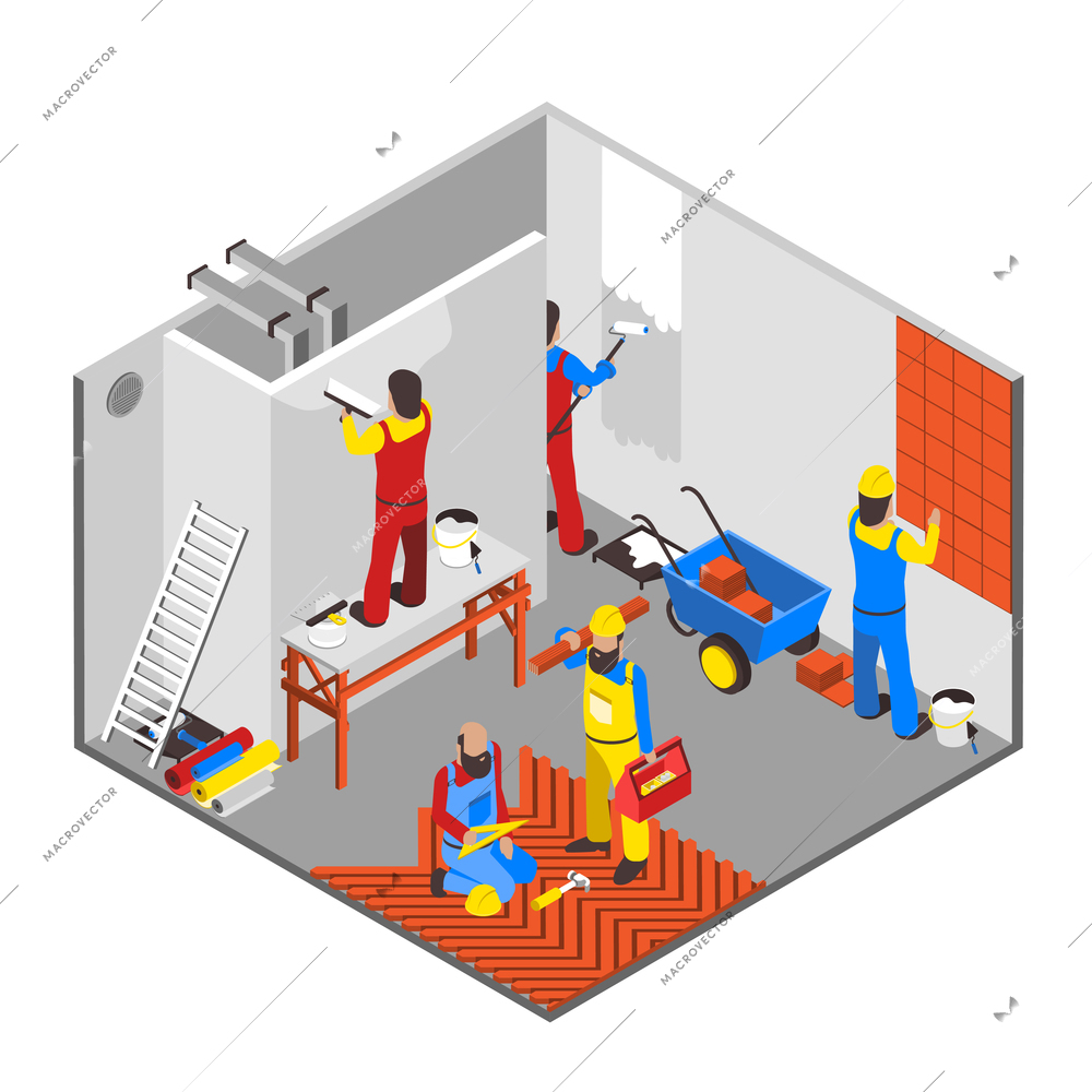 Interior redecoration isometric composition with tools equipment and people vector illustration